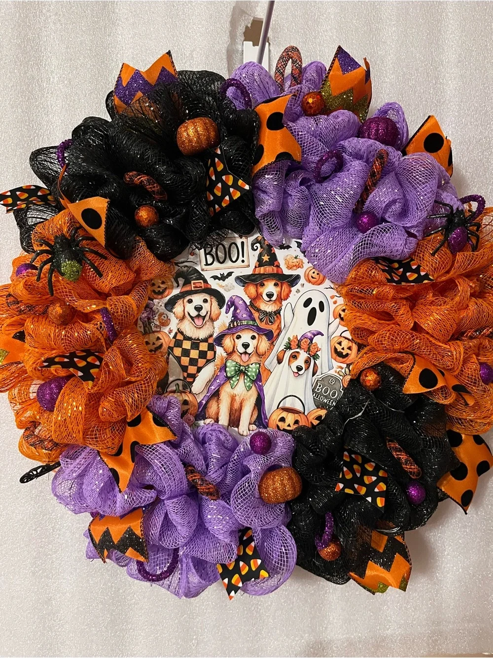 Festive Halloween Dog & Ghost Deco Mesh Wreath in Orange, Black & Purple
